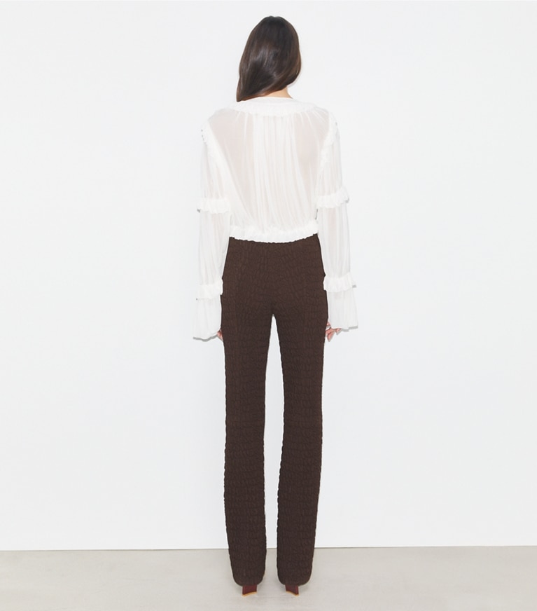 Tory Burch designer tops Sheer Jersey Ruffle Top in Marshmallow front