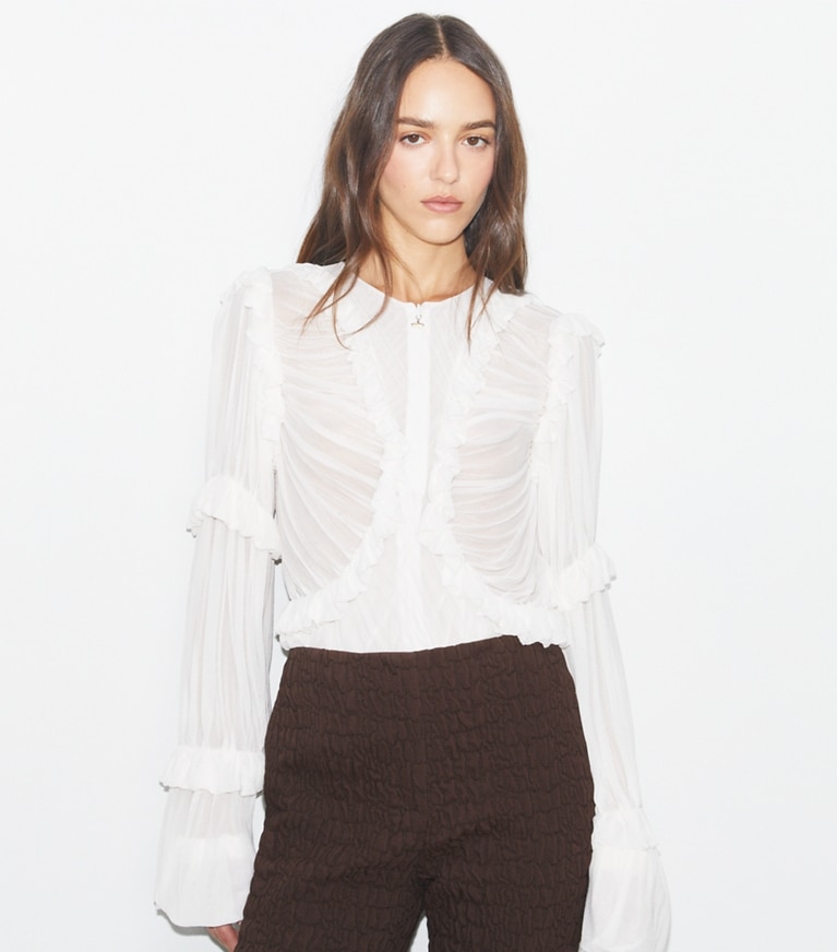 Tory Burch designer tops Sheer Jersey Ruffle Top in Marshmallow front