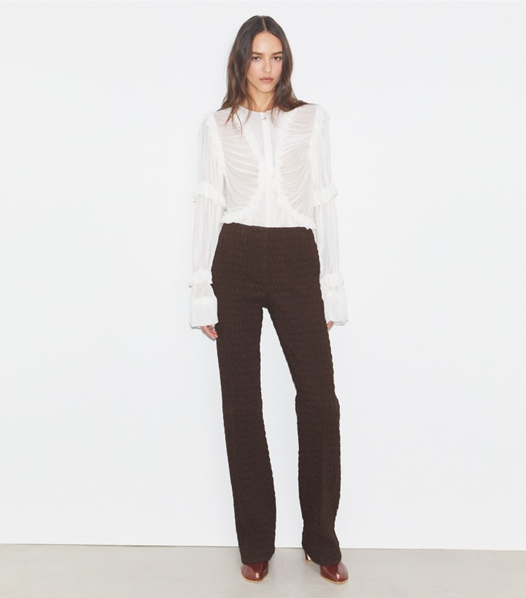 Tory Burch designer tops Sheer Jersey Ruffle Top in Marshmallow on model front