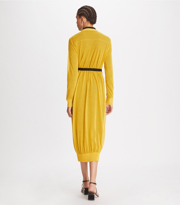 Tory Burch designer dresses Sheer Knit Sweater Dress in Dusted Autumn Sun on model back