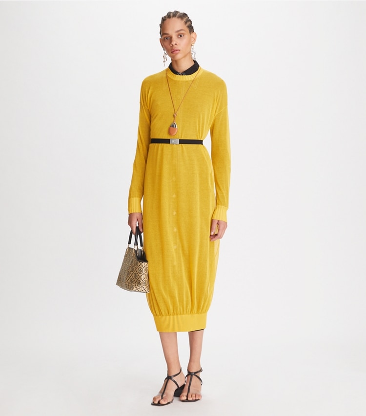 Tory Burch designer dresses Sheer Knit Sweater Dress in Dusted Autumn Sun on model front