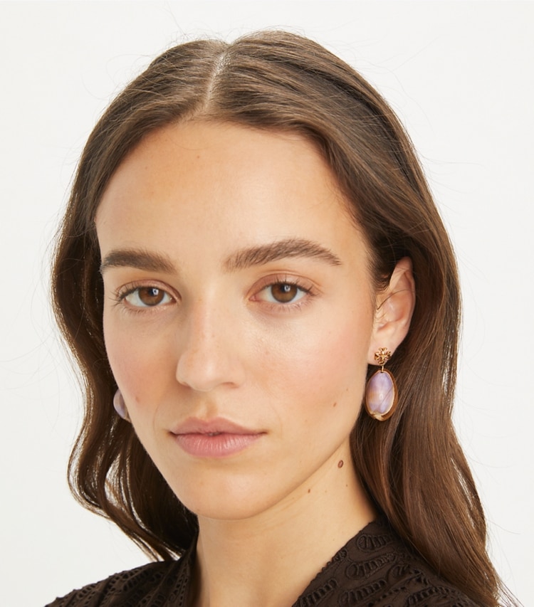 Tory Burch designer earrings Shell Drop Earring in Tory Gold / Purple accessory on model