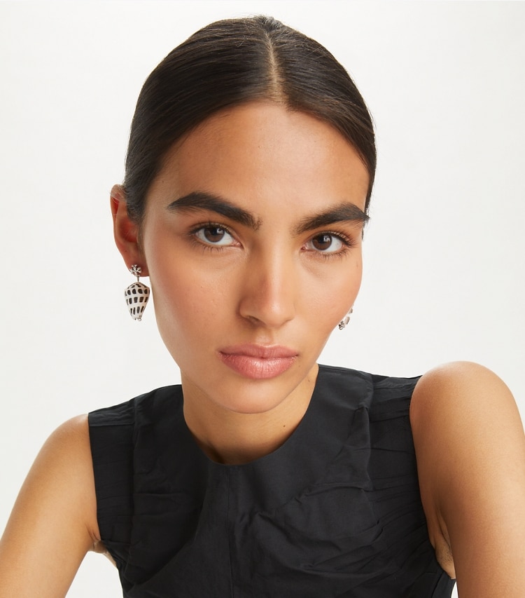Tory Burch designer earrings Shell Drop Earring in Tory Silver / Black / NEW IVORY accessory on model