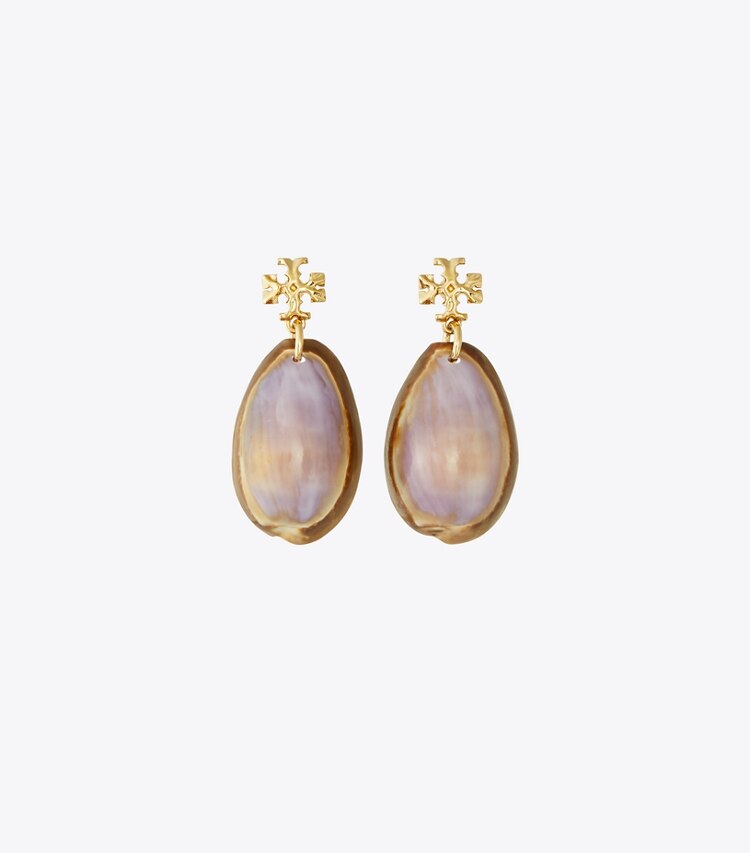 Tory Burch designer earrings Shell Drop Earring in Tory Gold / Purple front