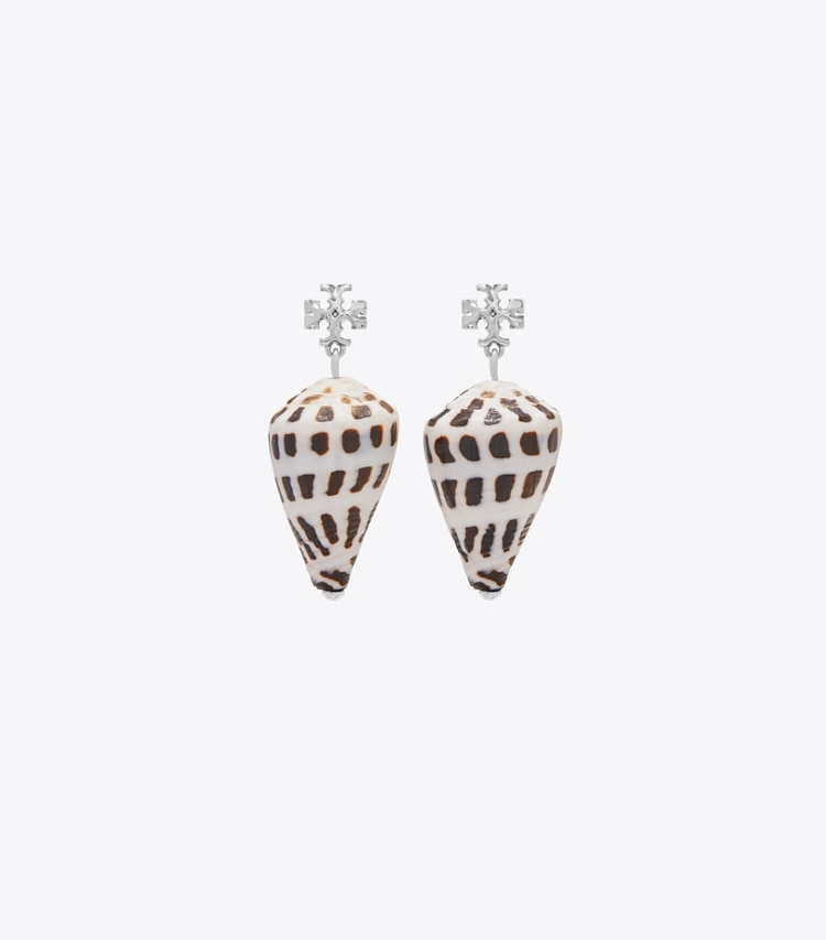 Tory Burch designer earrings Shell Drop Earring in Tory Silver / Black / NEW IVORY front