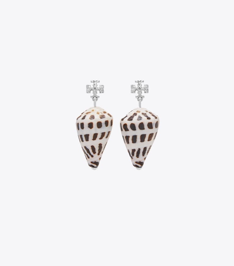 Tory Burch designer earrings Shell Drop Earring in Tory Silver / Black / NEW IVORY front
