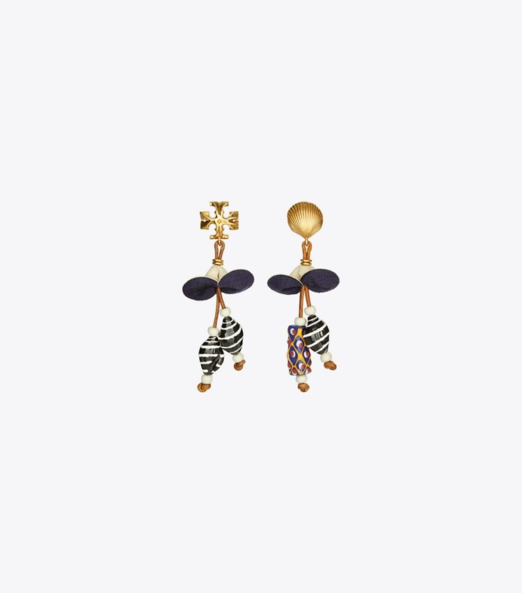 Tory Burch designer earrings Shell Leather Drop Earring in Rolled Gold / Navy Multi front