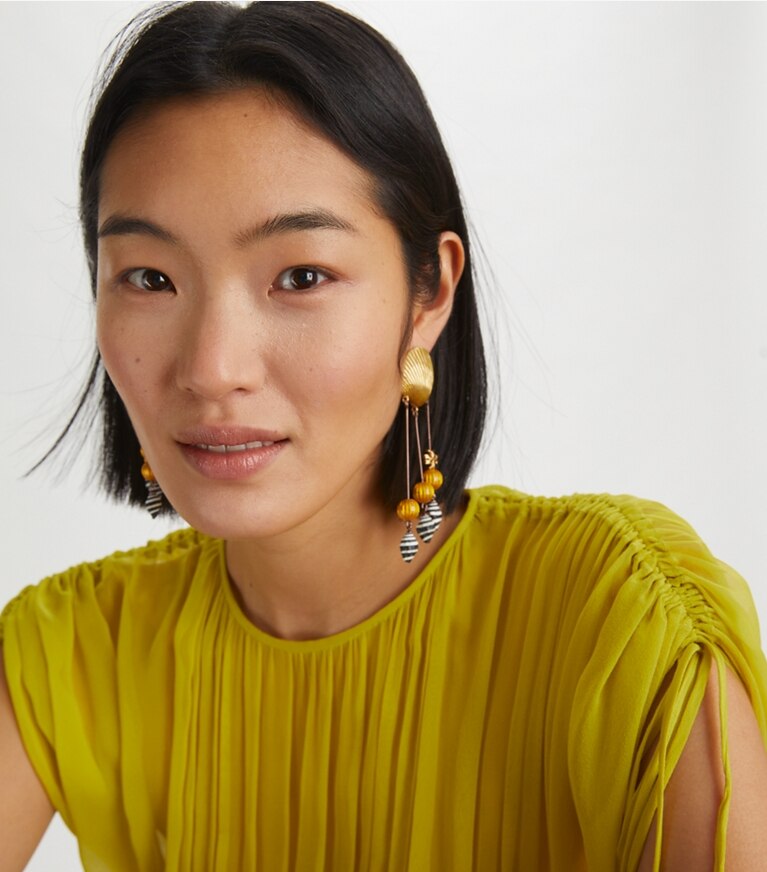Tory Burch designer earrings Shell Statement Earring in Gold / Multi front