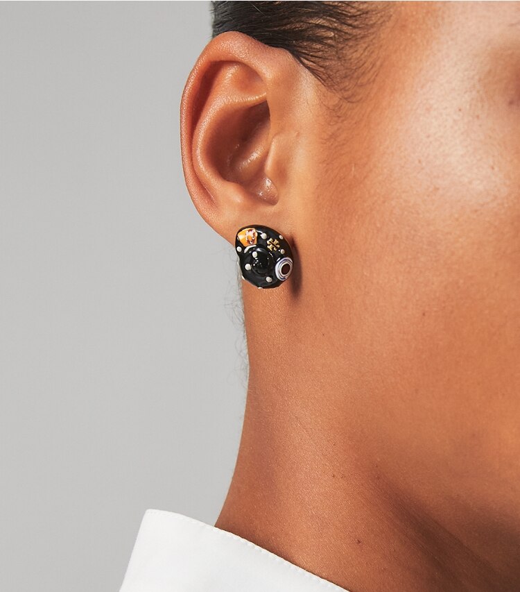Tory Burch designer earrings Shell Stud Earring in Rolled Brass / Black / Multi accessory on model