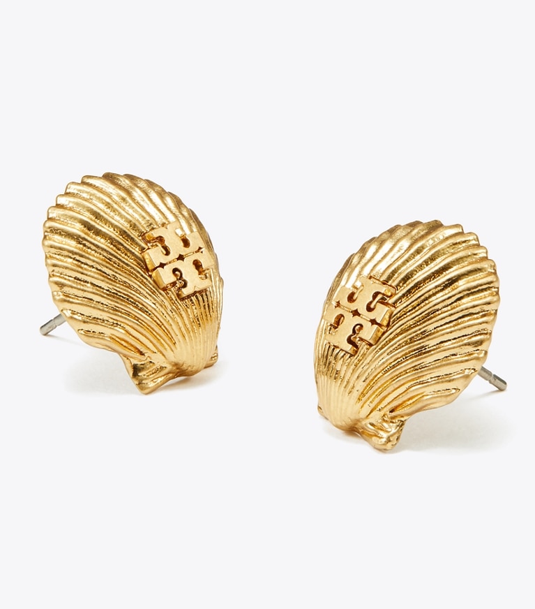 Tory Burch designer earrings Shell Stud Earring in Rolled Light Brass front
