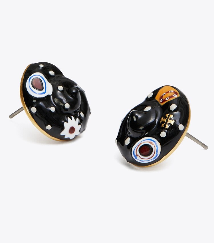 Tory Burch designer earrings Shell Stud Earring in Rolled Brass / Black / Multi detail