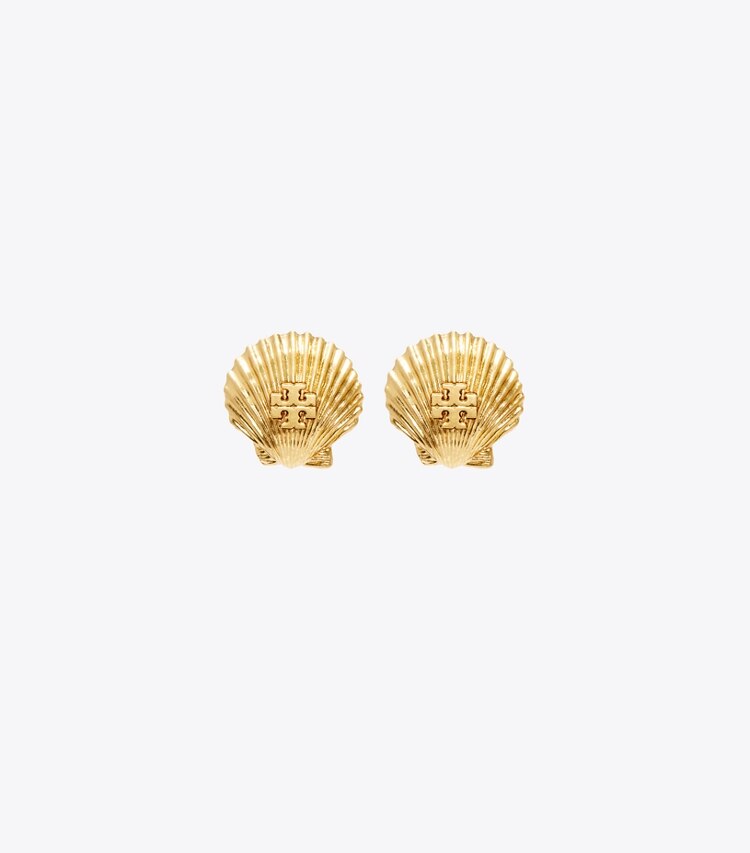 Tory Burch designer earrings Shell Stud Earring in Rolled Light Brass front