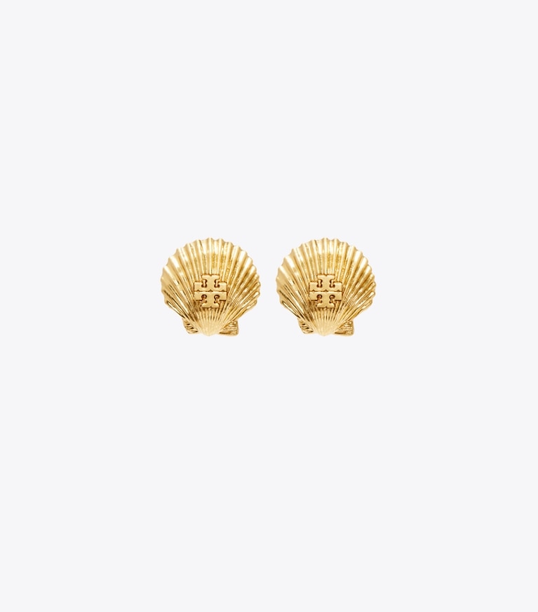 Tory Burch designer earrings Shell Stud Earring in Rolled Light Brass front