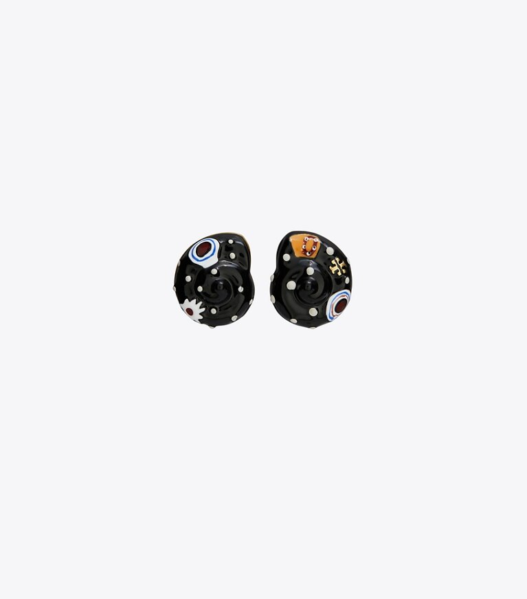 Tory Burch designer earrings Shell Stud Earring in Rolled Brass / Black / Multi front