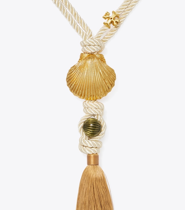 Tory Burch designer necklaces Shell Tassel Pendant Necklace in Rolled Tory Gold / Ivory / Multi front