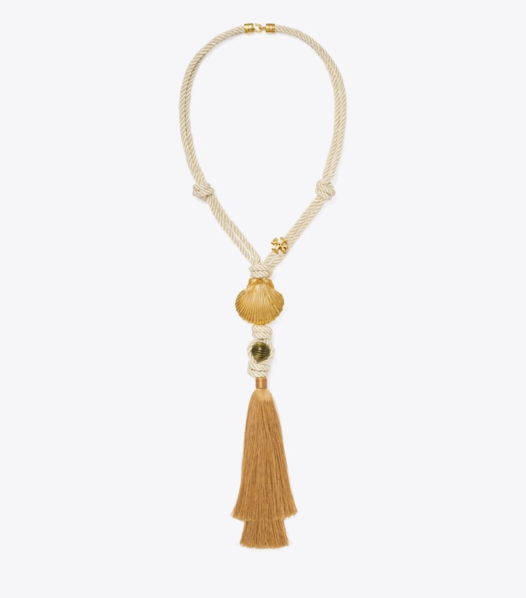 Tory Burch designer necklaces Shell Tassel Pendant Necklace in Rolled Tory Gold / Ivory / Multi front