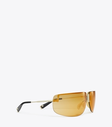 Tory Burch designer sunglasses & eyewear Shield Runway Sunglasses in SHINY LIGHT GOLD/ORANGE detail