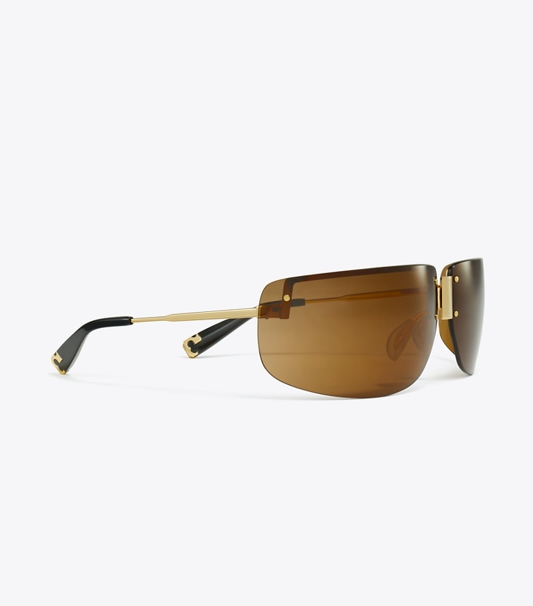Tory Burch designer sunglasses & eyewear Shield Runway Sunglasses in SHINY GOLD/BROWN front