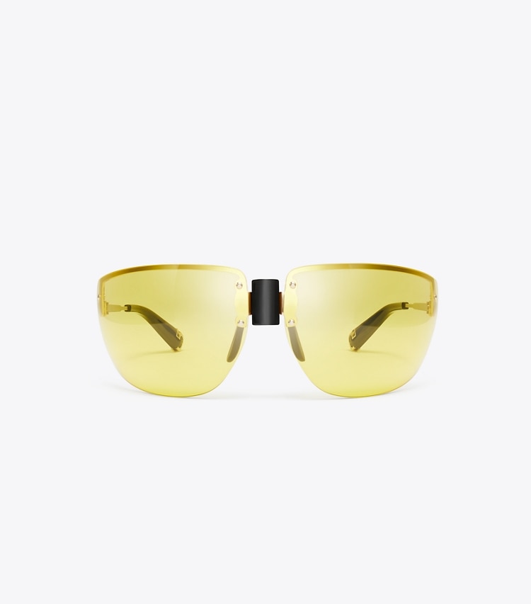 Tory Burch designer sunglasses & eyewear Shield Runway Sunglasses in SHINY LIGHT GOLD/YELLOW front