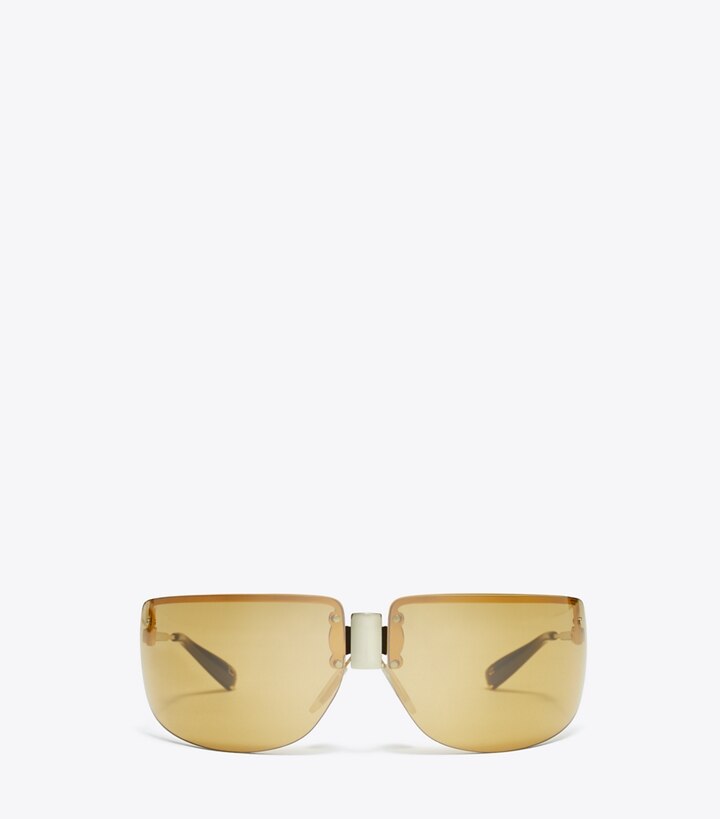 Tory Burch designer sunglasses & eyewear Shield Runway Sunglasses in SHINY LIGHT GOLD/ORANGE front