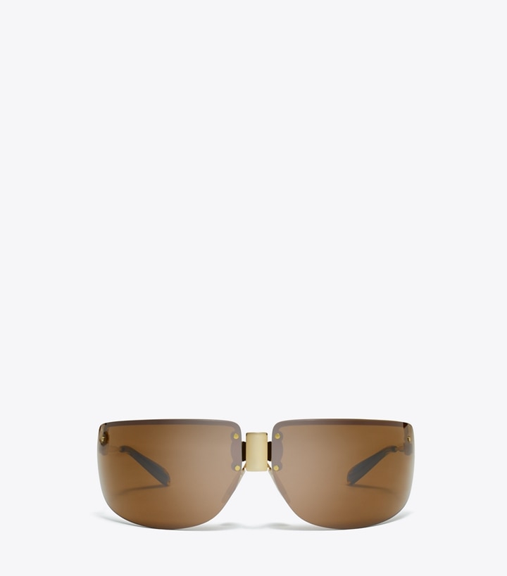 Tory Burch designer sunglasses & eyewear Shield Runway Sunglasses in SHINY GOLD/BROWN front