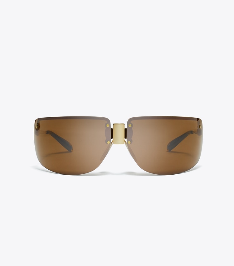 Tory Burch designer sunglasses & eyewear Shield Runway Sunglasses in SHINY GOLD/BROWN front