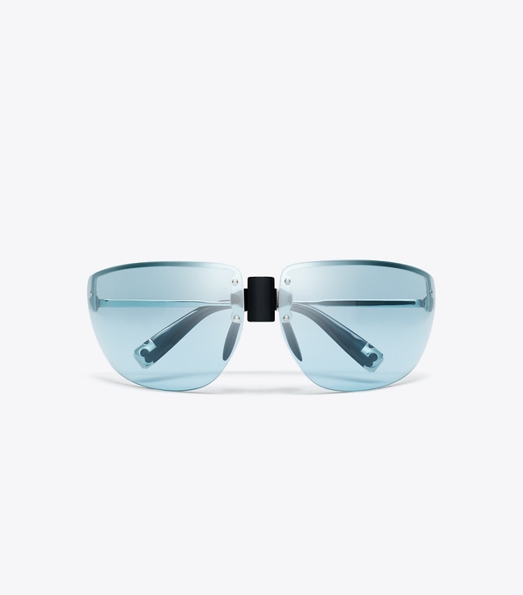 Tory Burch designer sunglasses & eyewear Shield Runway Sunglasses in SHINY SILVER/LIGHT BLUE overhead