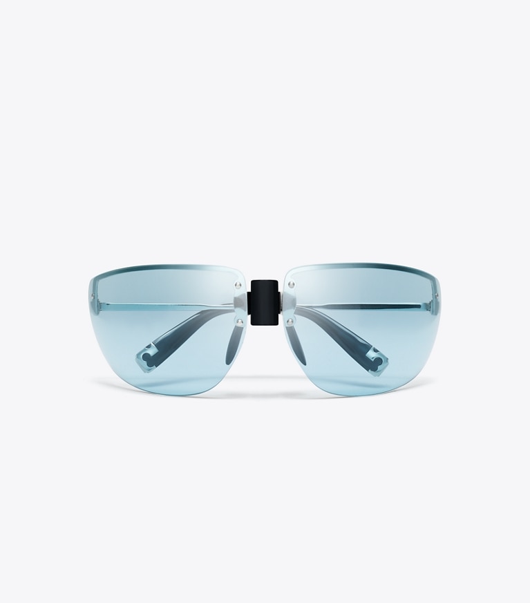 Tory Burch designer sunglasses & eyewear Shield Runway Sunglasses in SHINY SILVER/LIGHT BLUE front