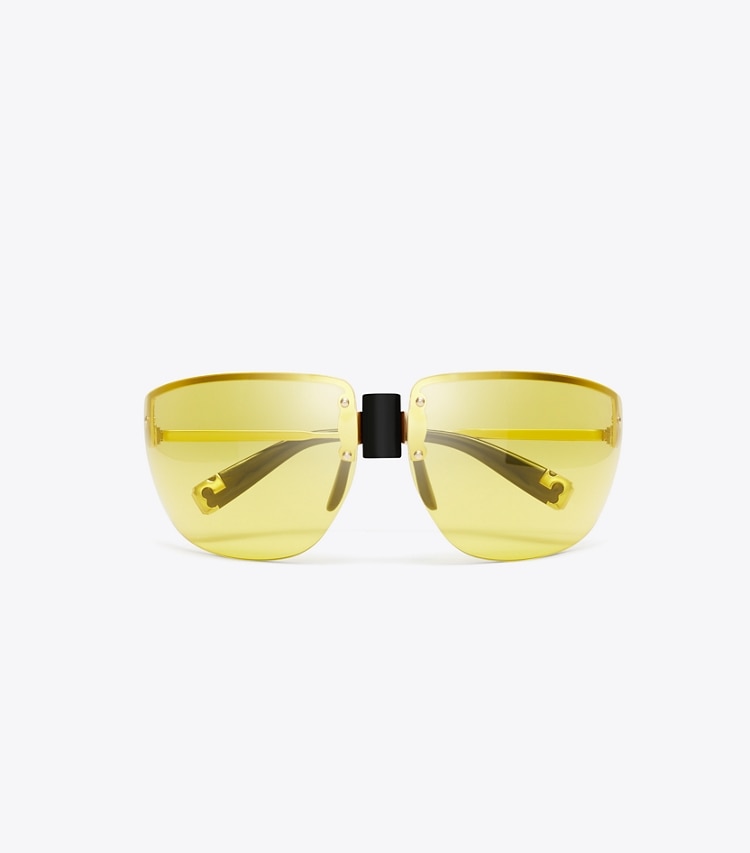 Tory Burch designer sunglasses & eyewear Shield Runway Sunglasses in SHINY LIGHT GOLD/YELLOW overhead