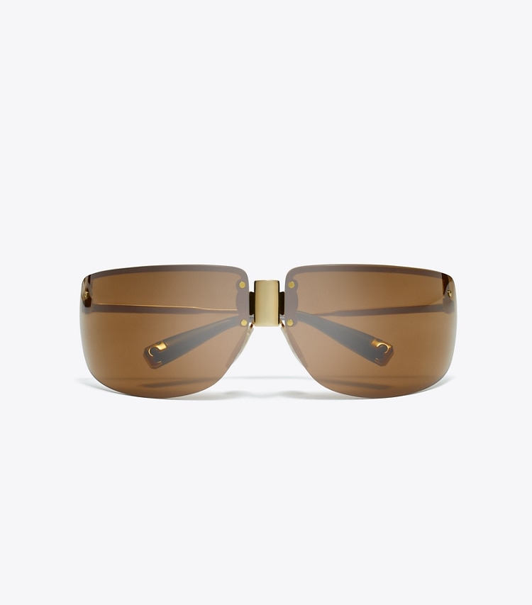 Tory Burch designer sunglasses & eyewear Shield Runway Sunglasses in SHINY GOLD/BROWN overhead
