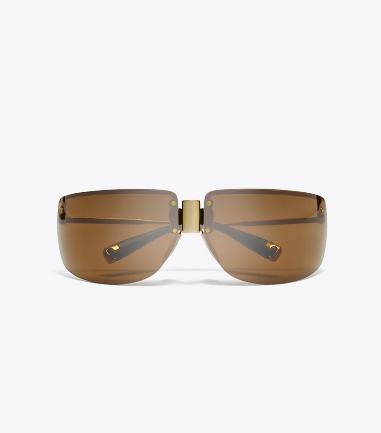 Tory Burch designer sunglasses & eyewear Shield Runway Sunglasses in SHINY GOLD/BROWN front