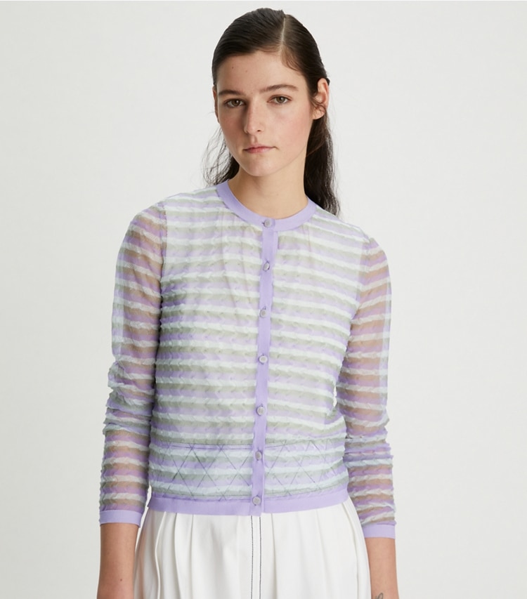 Tory Burch designer sweaters Shimmer Cardigan in Lilac Shimmer on model detail