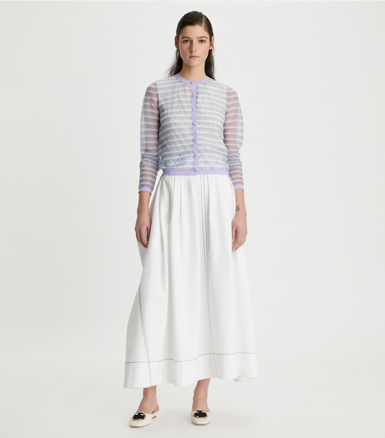 Tory Burch designer sweaters Shimmer Cardigan in Lilac Shimmer on model front