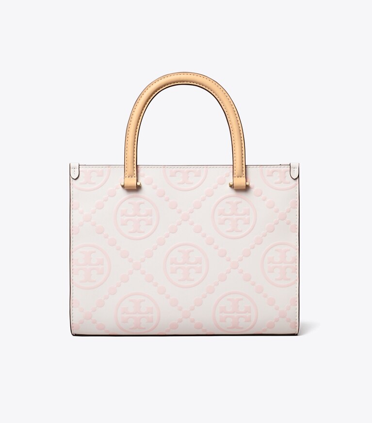 Tory Burch designer borse shopping Shopping a mano T Monogram con a rilievo a contrasto in Powder Pink angle