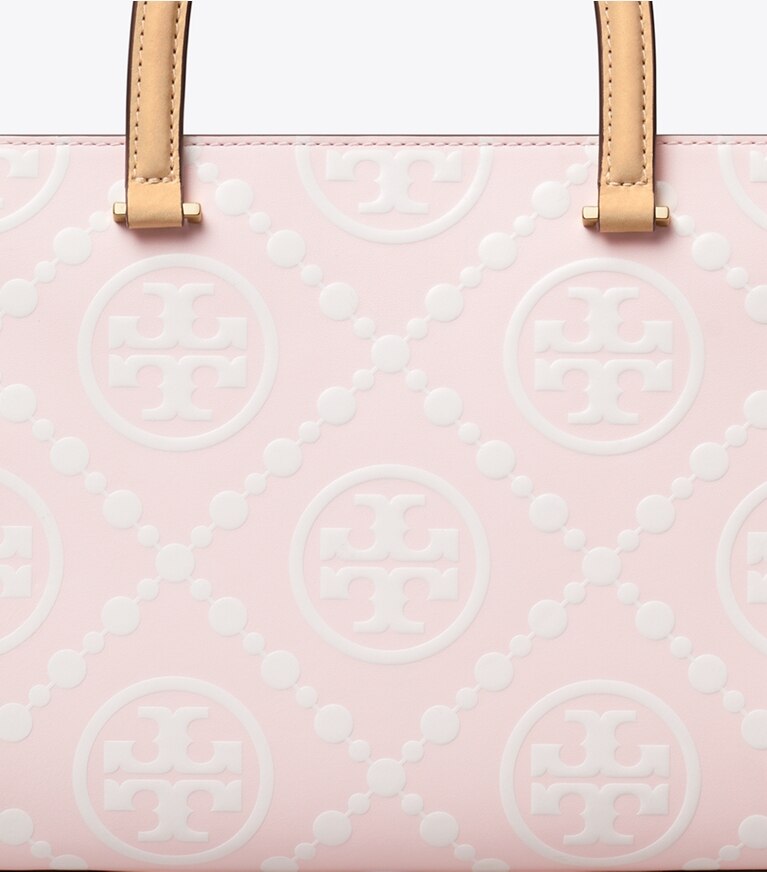 Tory Burch designer borse shopping Shopping a mano T Monogram con a rilievo a contrasto in Powder Pink angle