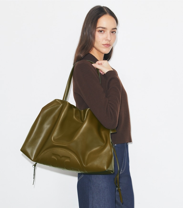 Tory Burch designer borse shopping Shopping con coulisse Ella natuura™ in Dark Olive accessory on model