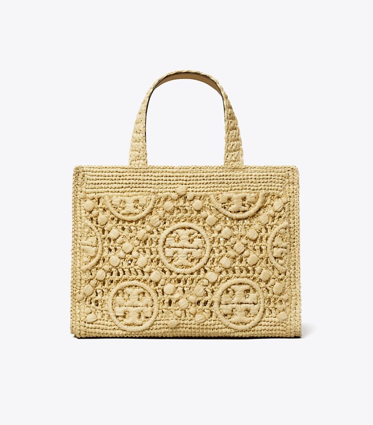 Tory Burch designer bauletto Shopping con manico superiore T Monogram in rafia in Natural angle