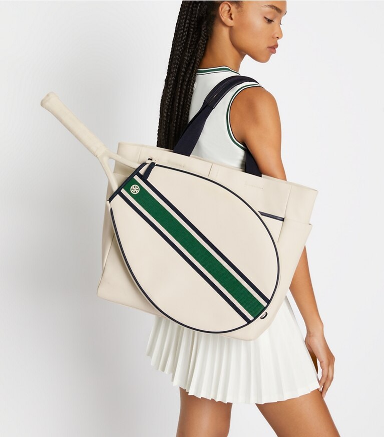 Tory Sport designer borse shopping Shopping convertibile per il tennis a righe in Ivory Pearl / Evergreen angle