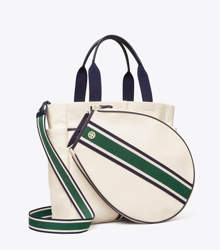Tory Sport designer borse shopping Shopping convertibile per il tennis a righe in Ivory Pearl / Evergreen angle