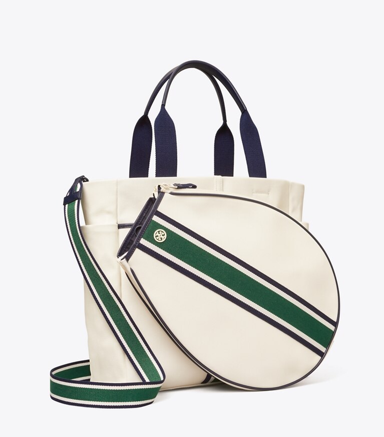 Tory Sport designer borse shopping Shopping convertibile per il tennis a righe in Ivory Pearl / Evergreen angle