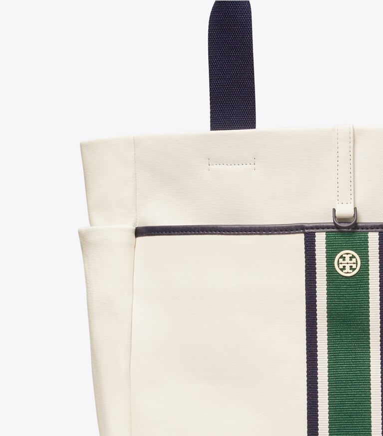 Tory Sport designer borse shopping Shopping convertibile per il tennis a righe in Ivory Pearl / Evergreen angle