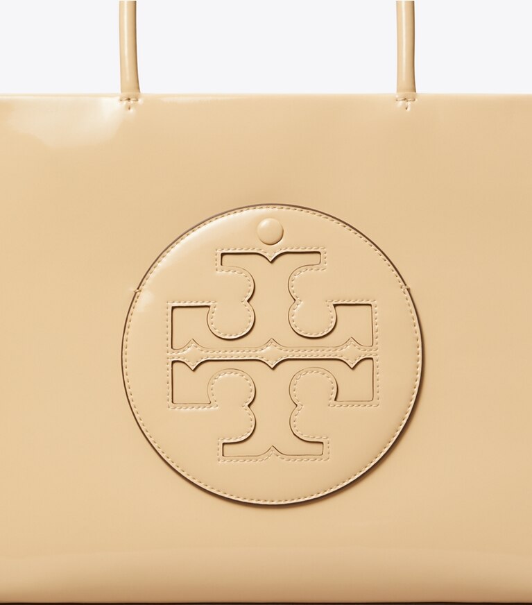 Tory Burch designer borse shopping Shopping Ella Bio piccola in pelle verniciata in Vanilla Soft Serve angle