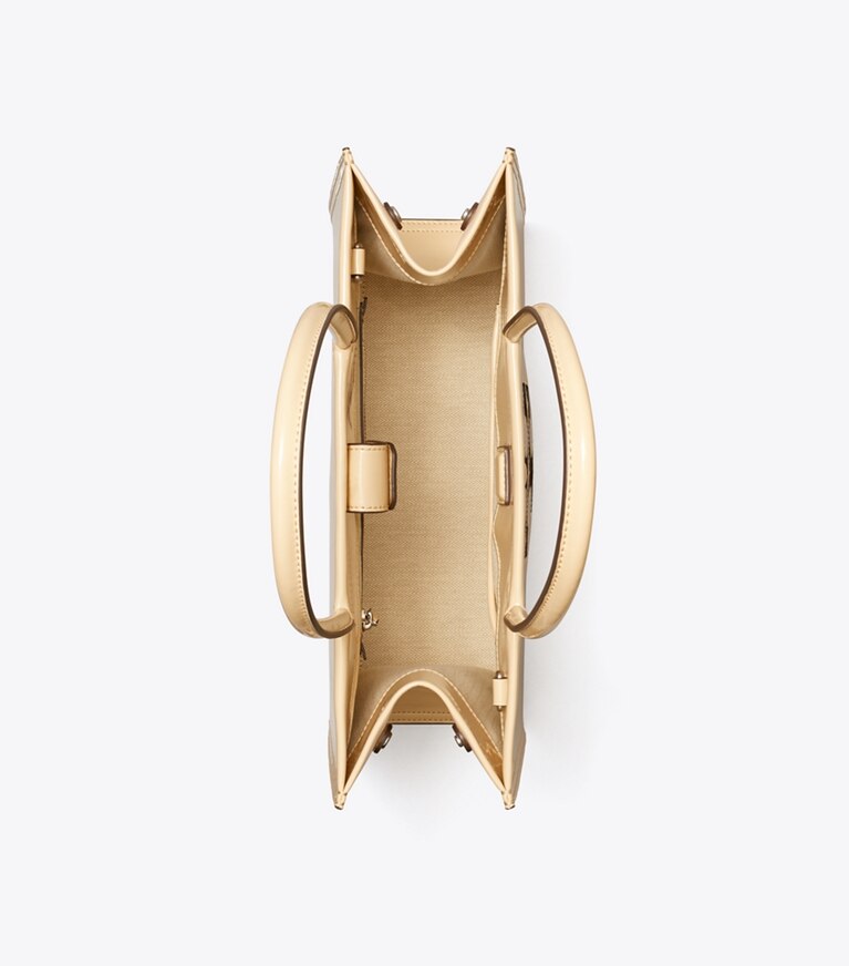 Tory Burch designer borse shopping Shopping Ella Bio piccola in pelle verniciata in Vanilla Soft Serve angle