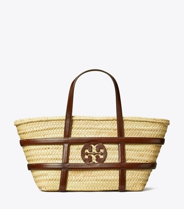 Tory Burch designer borse shopping Shopping Ella in paglia a cesto in Classic Cuoio front