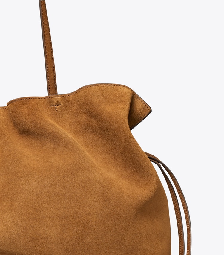 Tory Burch designer borse shopping Shopping Ella in suede con coulisse in Caramel dettaglio
