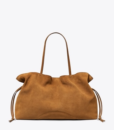 Tory Burch designer borse shopping Shopping Ella in suede con coulisse in Caramel front