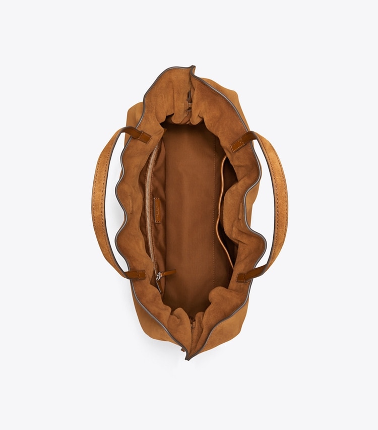 Tory Burch designer borse shopping Shopping Ella in suede con coulisse in Caramel superiore