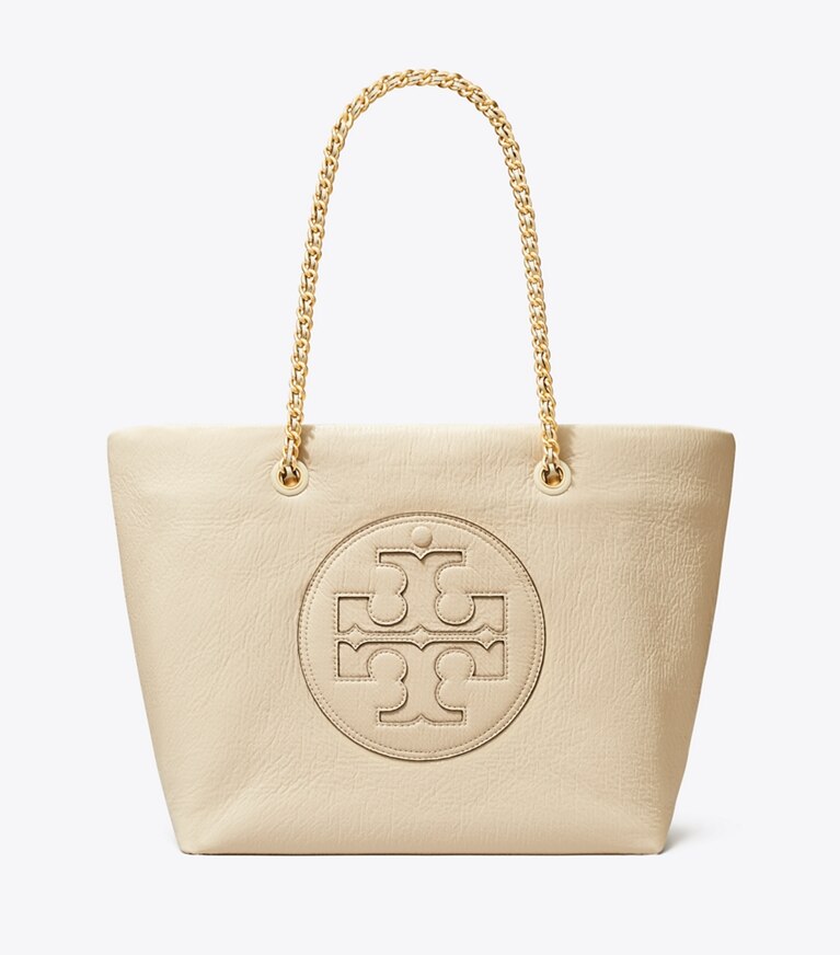Tory Burch designer borse shopping Shopping Ella in vernice increspata con catena in Oats angle