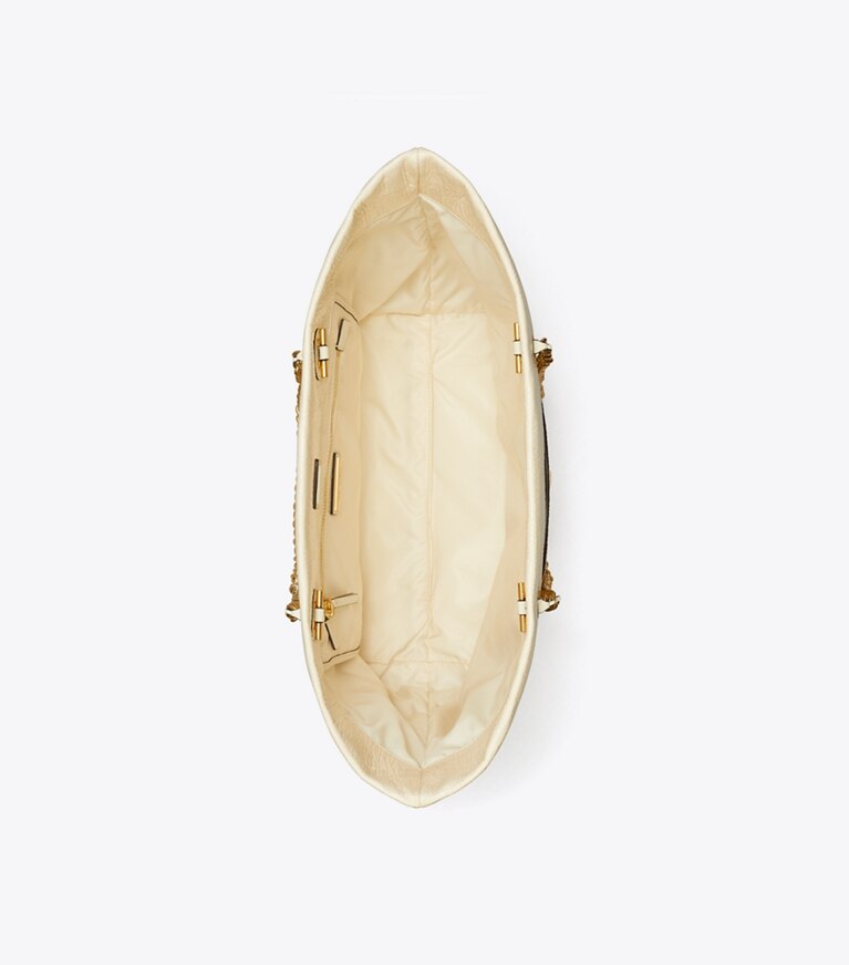 Tory Burch designer borse shopping Shopping Ella in vernice increspata con catena in Oats angle