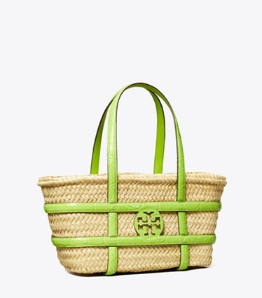 Tory Burch designer borse shopping Shopping Ella piccola in paglia a cesto in Bright Fern angle